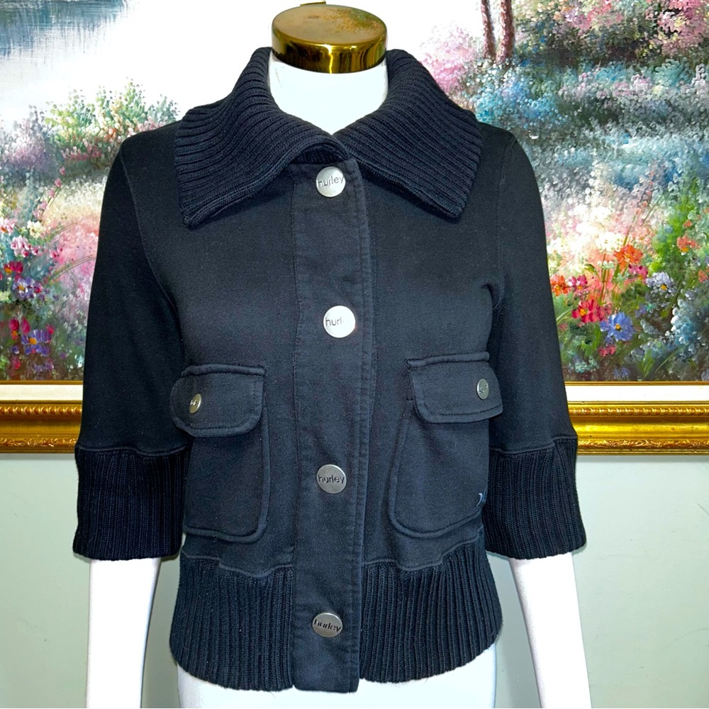 Hurley Black Wide Knit Collar Snap Front 3/4 Sleeve Jacket